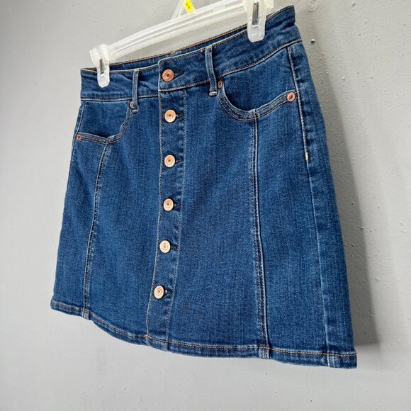 American Eagle Denim Jean Skirt 4 Hi Rise Super Stretch Blue Button Front Mini - Picture 2 of 6